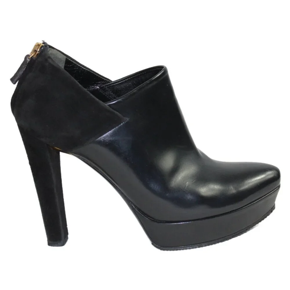 Gucci Black Leather Suede Accent Platform Stiletto Ankle Boot, Size 36.5